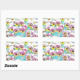 Pink yellow and white pansies watercolor rectangul sticker