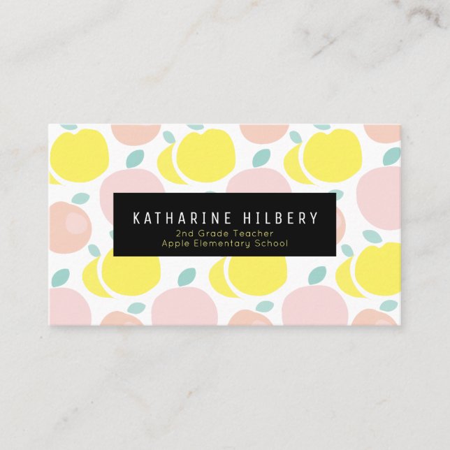 Pink & Yellow Apple Pattern Teacher Business Card (Front)