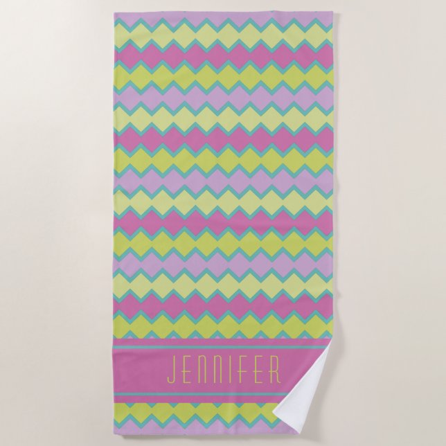 Pink Yellow Aqua Geometric Pattern Personalized Beach Towel (Front)