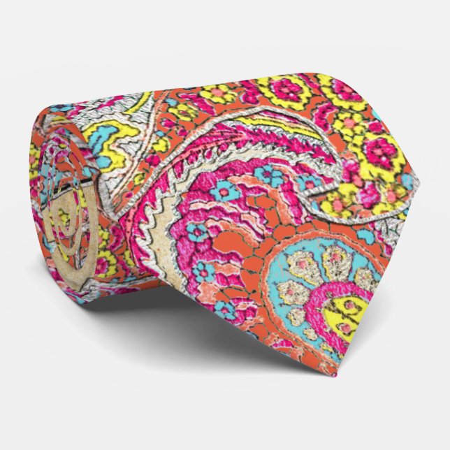 Pink Yellow Aqua Vintage Paisley Wedding Tie (Rolled)
