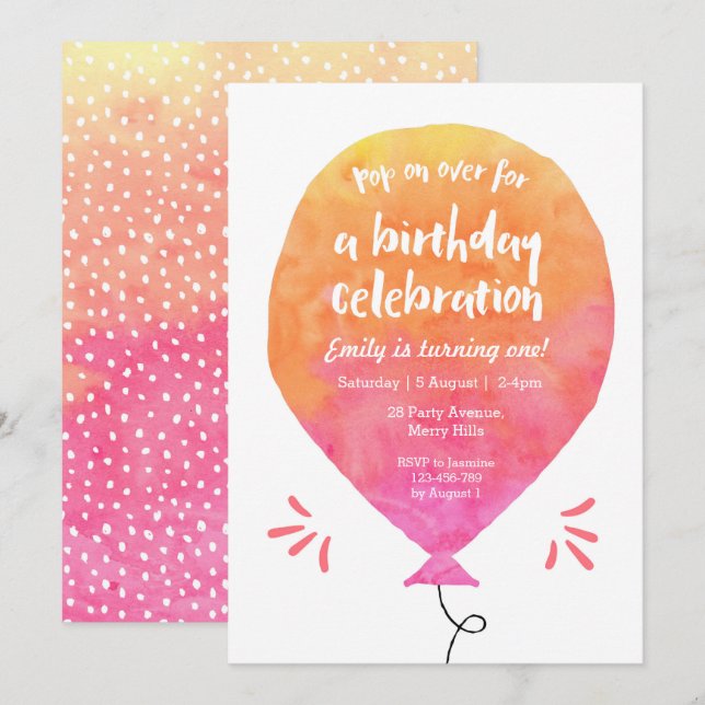 Pink Yellow Balloon Birthday Invitation (Front/Back)