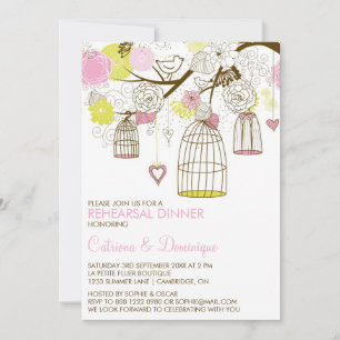 Pink Yellow Birdcages Rehearsal Dinner Invitation