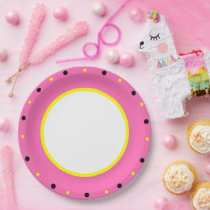 Pink Yellow Black Polka Dots  Paper Plate