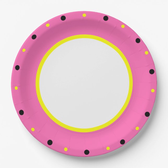 Pink Yellow Black Polka Dots  Paper Plate (Front)
