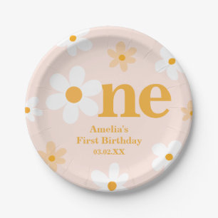 Pink Yellow Blossom 1st Birthday Girl Party Paper Plate