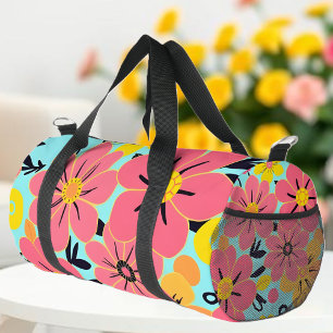 Pink & Yellow Blossoms on Sky Blue- Dopamine Style Duffle Bag