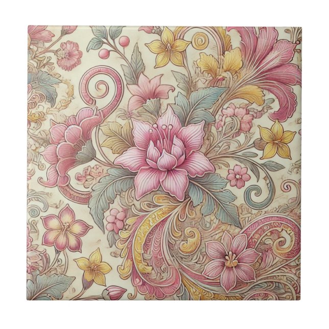 Pink Yellow Blue Boho Floral Indonesian Batik Tile (Front)