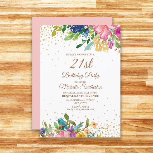 Pink Yellow Blue Floral Gold Glitter 21st Birthday Invitation (Pink, yellow, and blue floral with gold glitter 21st birthday party invitation)