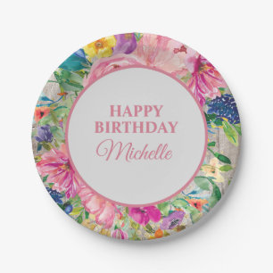 Pink Yellow Blue Floral Rustic Wood Birthday Paper Plate