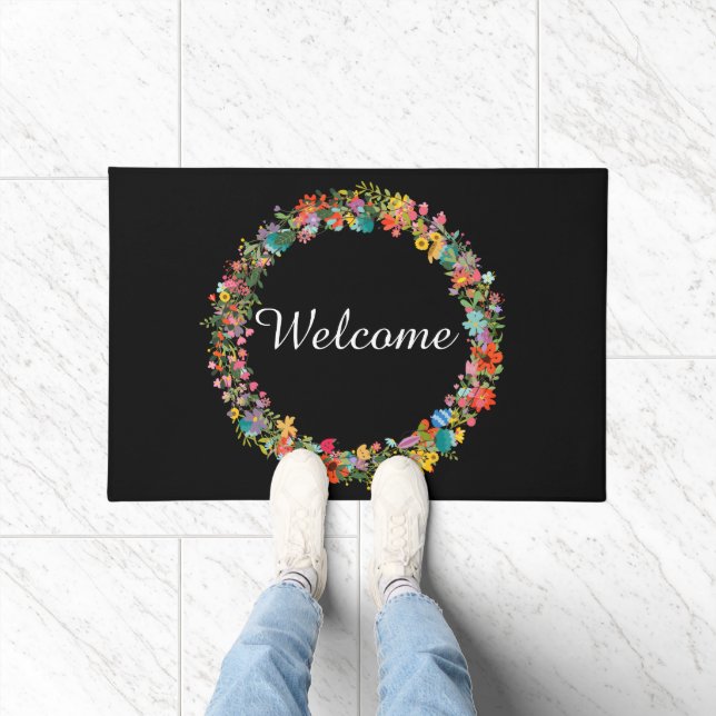 Pink Yellow Blue Green Floral Wreath Welcome Mat (Indoor)