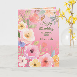 Pink Yellow Blue Green Flowers Sister's Birthday Card