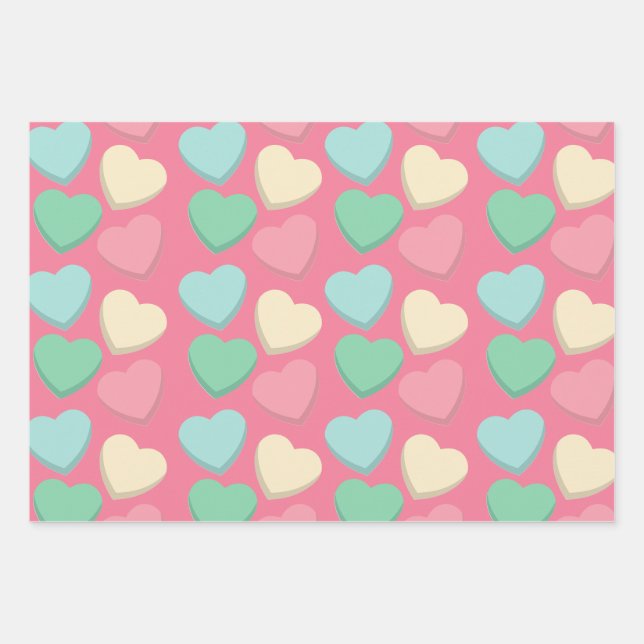 Pink Yellow Blue Green Heart Pattern Wrapping Paper Sheet (Front)