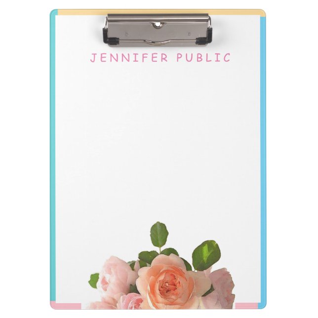 Pink Yellow Blue Green Watercolor Roses Template Clipboard (Front)