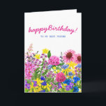 Pink Yellow Blue Purple Floral Friend Birthday Card<br><div class="desc">A beautiful garden filled with pink, purple blue and yellow wildflowers brings your birthday wishes to your best friend. There is an inside message with flowers in a vase. All of the text is editable so you can really personalize your card. If you would like any matching items, please message...</div>