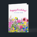 Pink Yellow Blue Purple Floral Friend Birthday Card<br><div class="desc">A beautiful garden filled with pink, purple blue and yellow wildflowers brings your birthday wishes to your best friend. There is an inside message with flowers in a vase. All of the text is editable so you can really personalize your card. If you would like any matching items, please message...</div>