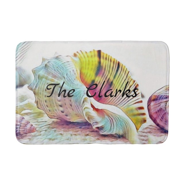 Pink yellow blue seashells watercolor painting bath mat (Front)