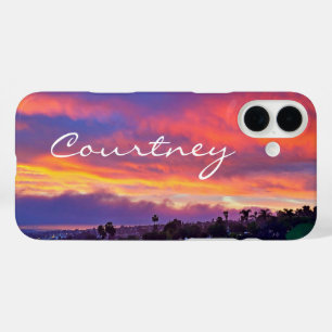 Pink yellow blue sunset clouds add your name bold iPhone 16 plus case