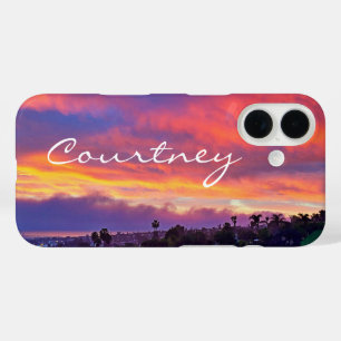 Pink yellow blue sunset clouds custom name script iPhone 16 case