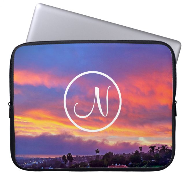 Pink yellow blue sunset photo custom monogram bold laptop sleeve (Front)