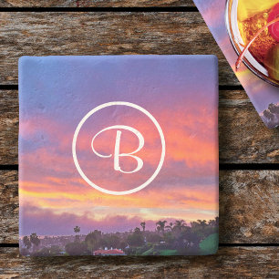 Pink yellow blue sunset photo custom monogram bold stone coaster