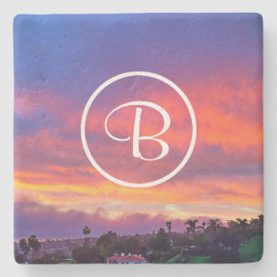 Pink yellow blue sunset photo custom monogram bold stone coaster