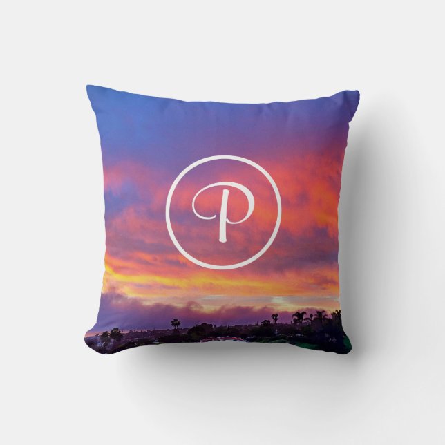Pink yellow blue sunset photo custom monogram bold throw pillow (Front)