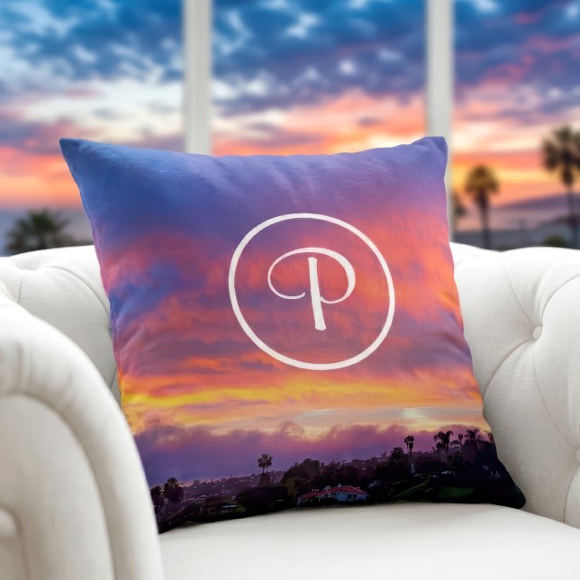 Pink yellow blue sunset photograh monogram initial throw pillow (Creator Uploaded)