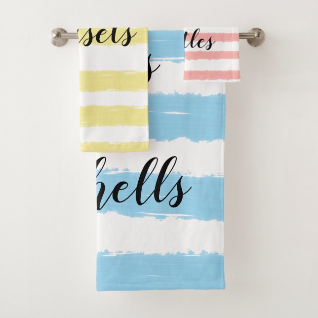 Pink Yellow Blue White Stripes Seashells Typograph Bath Towel Set (Insitu)
