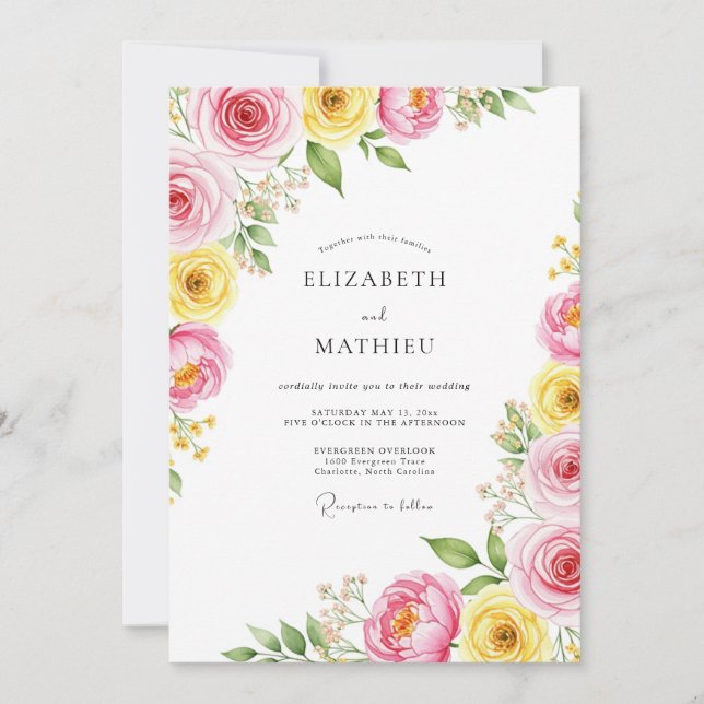 Pink Yellow Bright Botanical Wedding Invitation (Front)