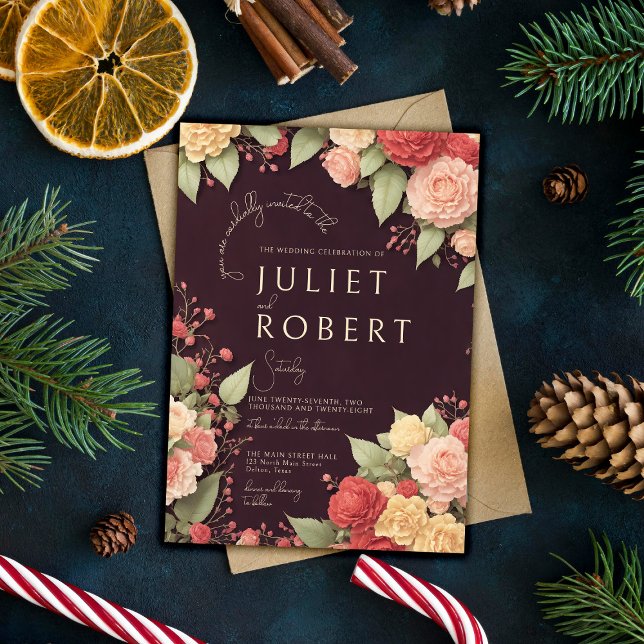 Pink Yellow Burgundy Winter Floral Wedding Invitation (Creator Uploaded)