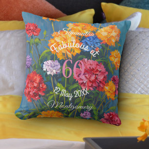 Pink Yellow Carnations on Blue Happy Birthday Throw Pillow