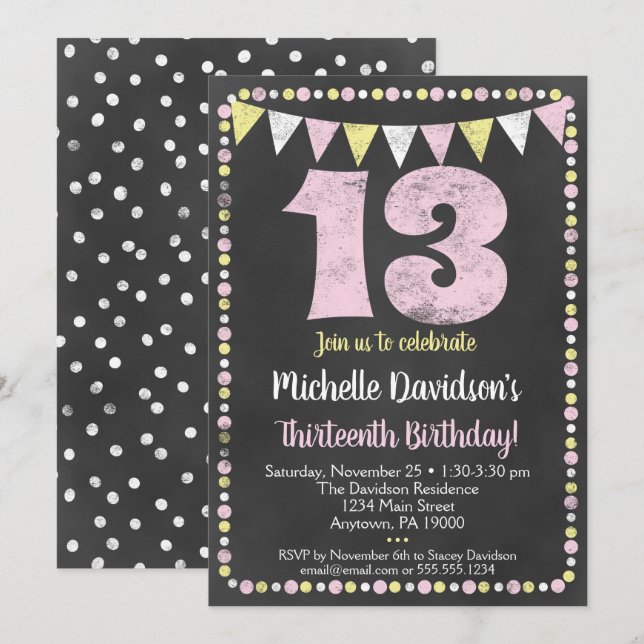 Pink Yellow Chalkboard 13th Birthday Invitation (Front/Back)
