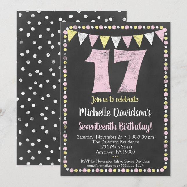 Pink Yellow Chalkboard 17th Birthday Invitation (Front/Back)