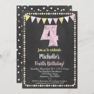 Pink Yellow Chalkboard 4th Birthday Invitation
