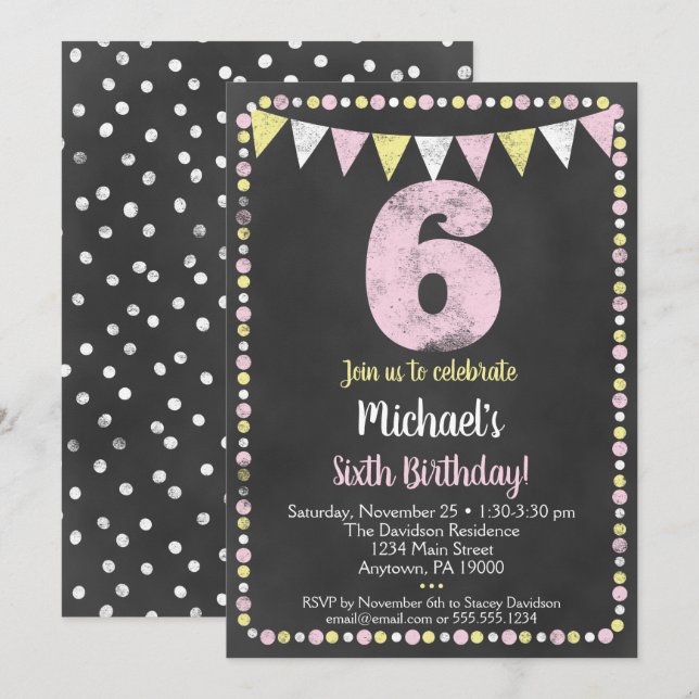 Pink Yellow Chalkboard 6e invitation anniversaire (Devant / Derrière)