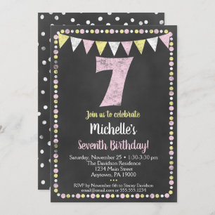 Pink Yellow Chalkboard 7e Invitation anniversaire