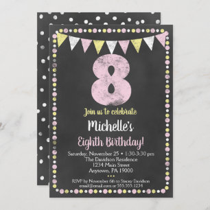 Pink Yellow Chalkboard 8th Birthday Invitation