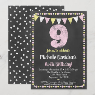 Pink Yellow Chalkboard 9e Invitation anniversaire