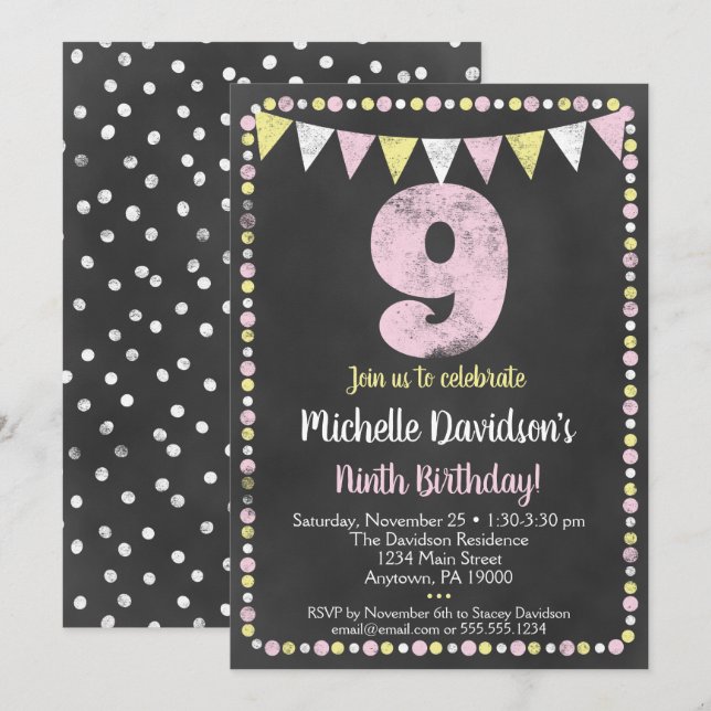 Pink Yellow Chalkboard 9th Birthday Invitation (Front/Back)