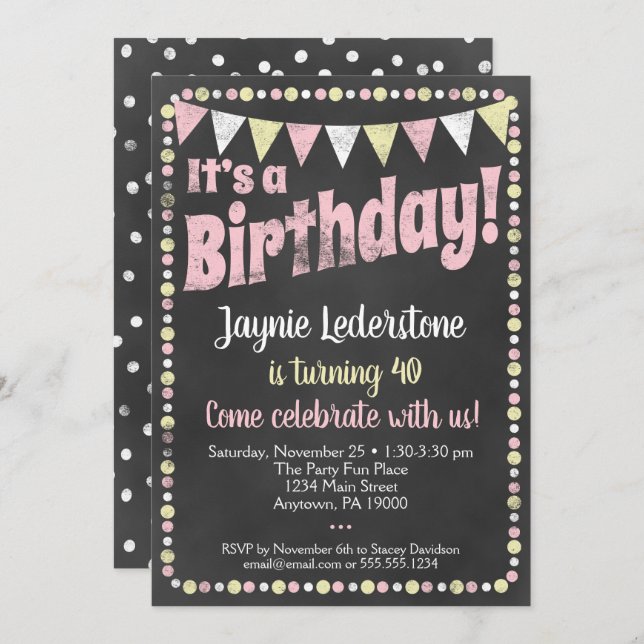 Pink Yellow Chalkboard Birthday Invitation (Front/Back)
