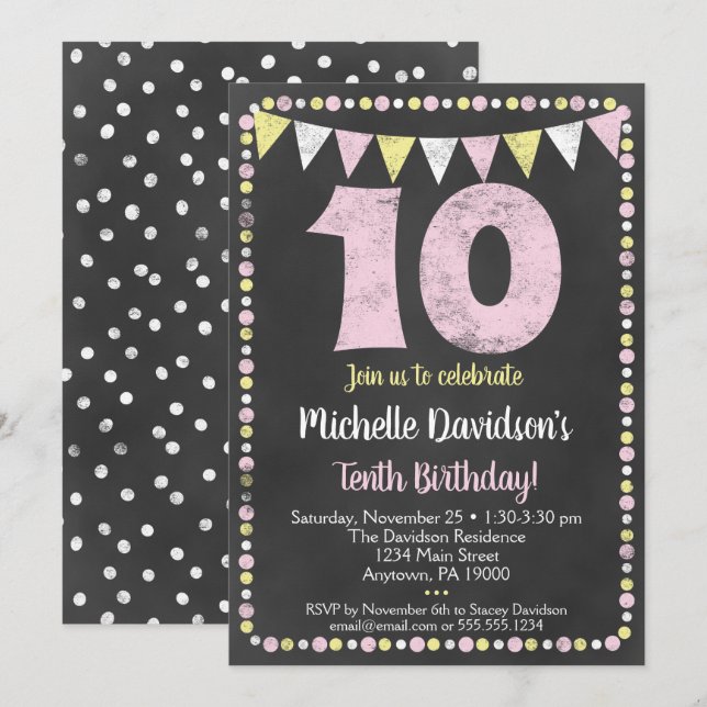 Pink Yellow Chalkboard Invitation 10e anniversaire (Devant / Derrière)