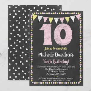 Pink Yellow Chalkboard Invitation 10e anniversaire