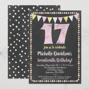 Pink Yellow Chalkboard Invitation 17e anniversaire
