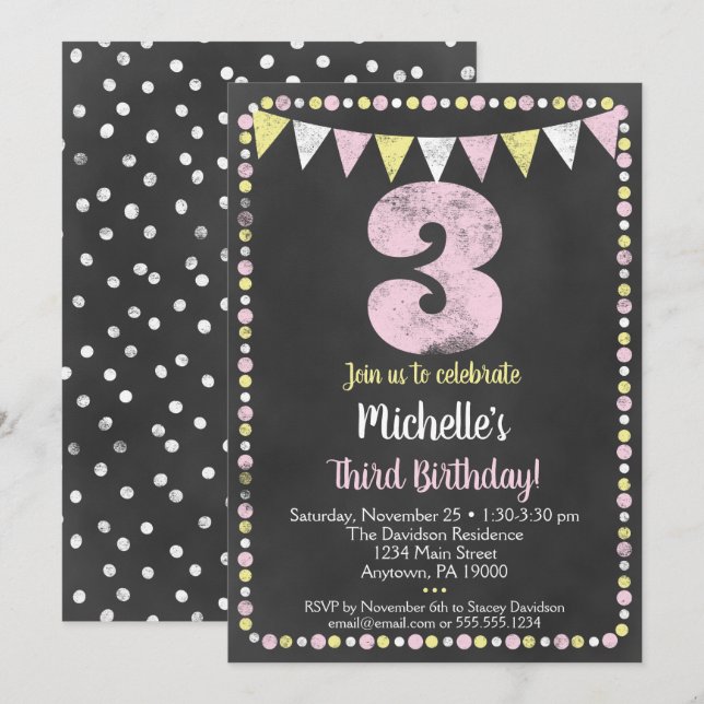 Pink Yellow Chalkboard troisième invitation annive (Devant / Derrière)