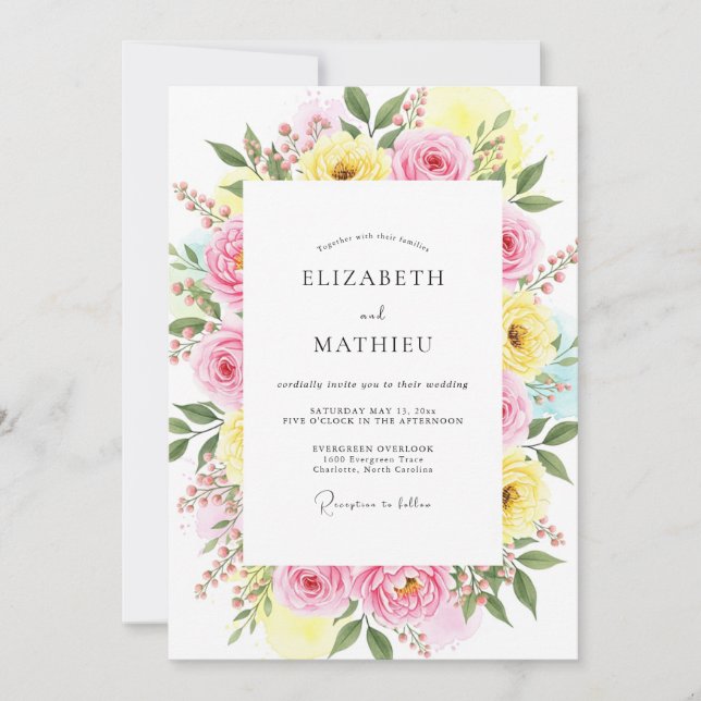 Pink Yellow Cheerful Spring Wedding Invitation (Front)