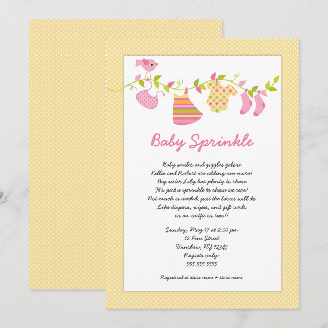 Pink Yellow Clothesline baby sprinkle invitations (Front/Back)