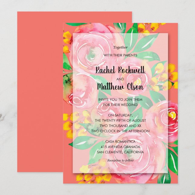 Pink Yellow Coral Floral Wedding Invitation (Front/Back)