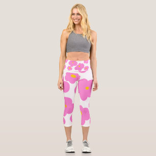 Pink yellow daisy flower modern elegant pattern capri leggings