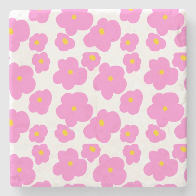 Pink yellow daisy flower modern elegant pattern  stone coaster (Front)