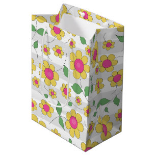 Pink yellow daisy flower spring kids doodles medium gift bag